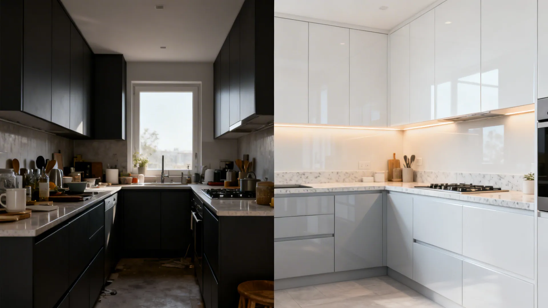 Before-and-after of a tiny kitchen turning bright with high-gloss light cabinets and warm lighting.