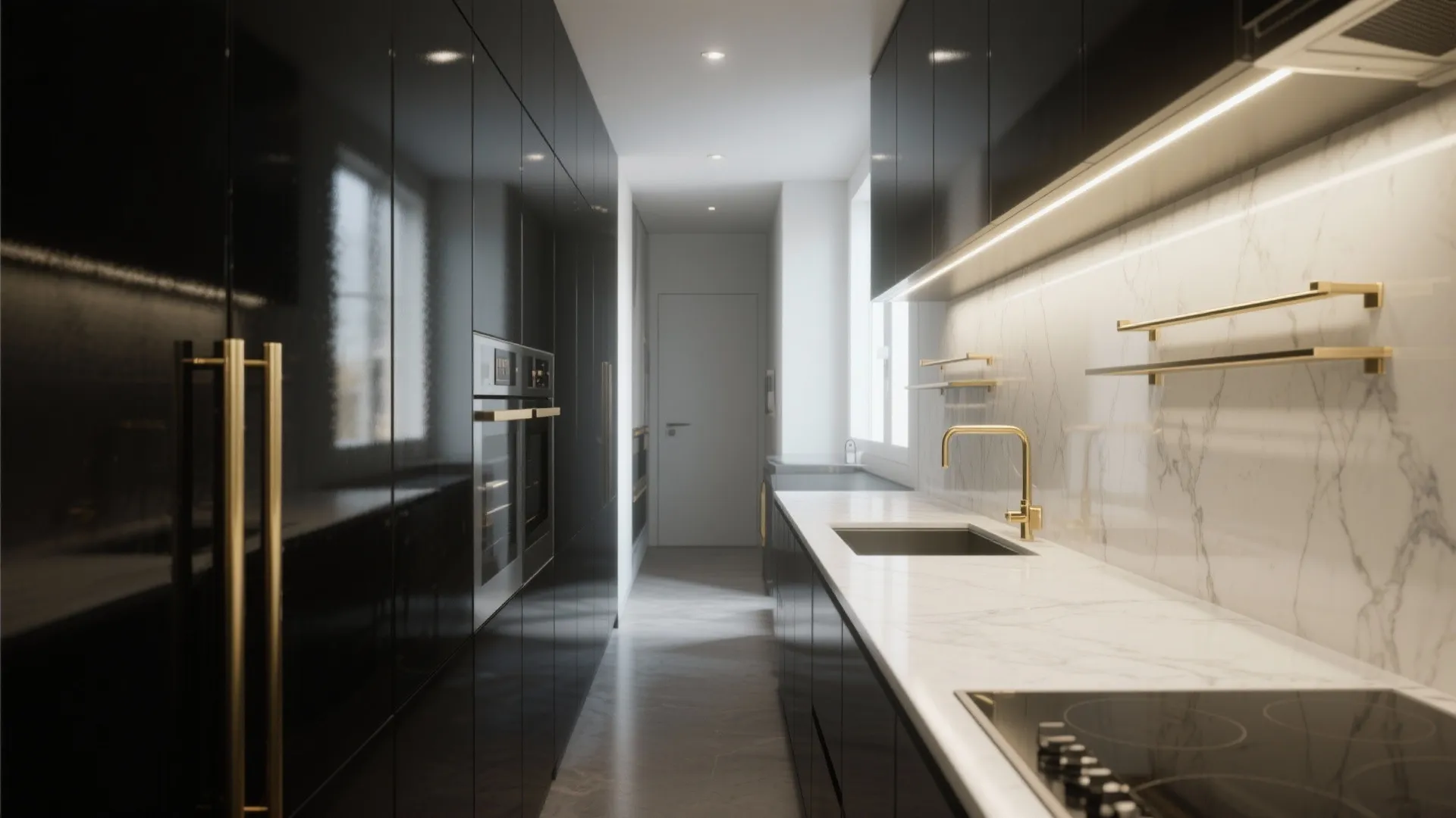 2. High-gloss black with slim gold bars to amplify light