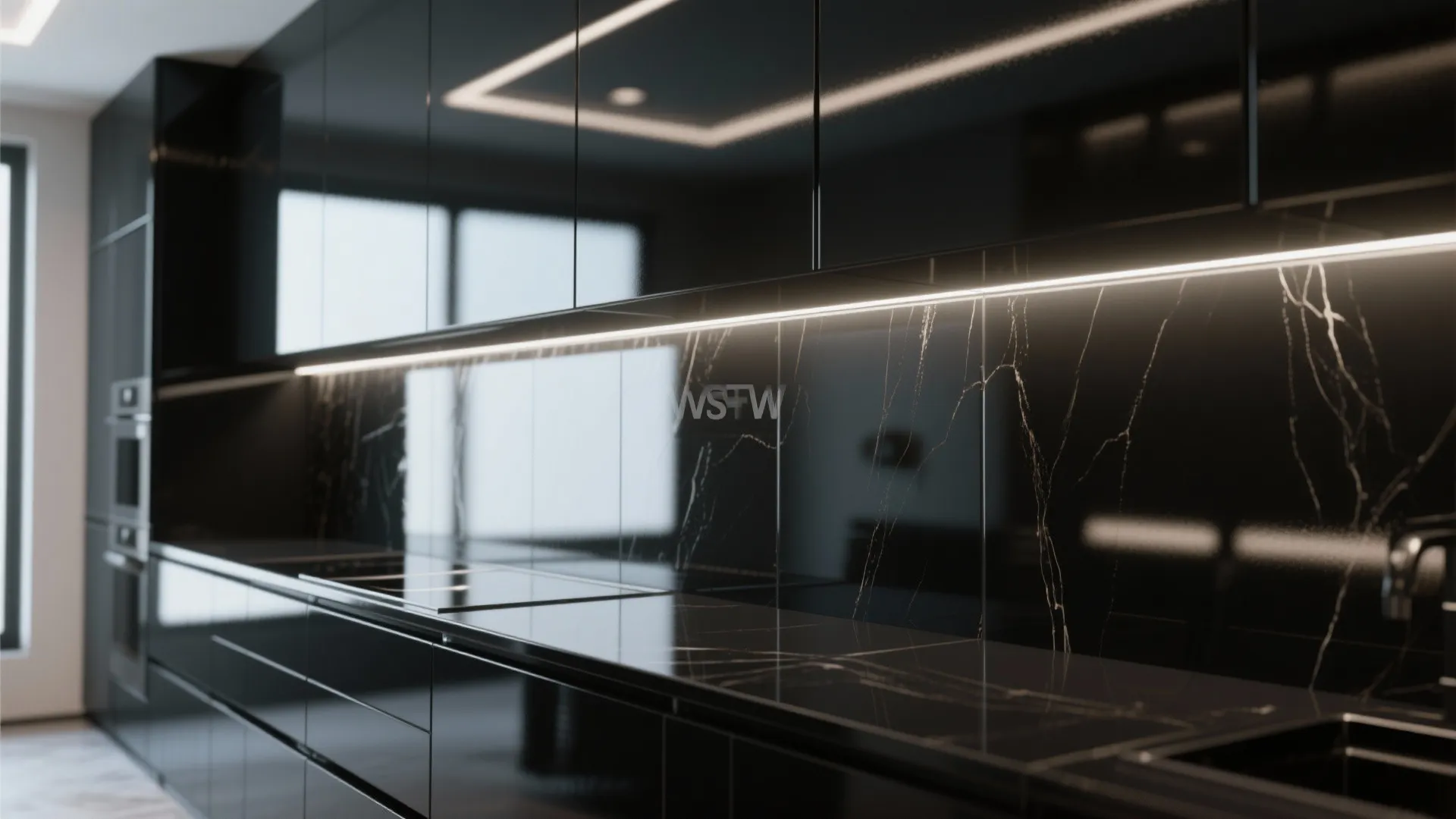 3. High-gloss black and reflective backsplashes