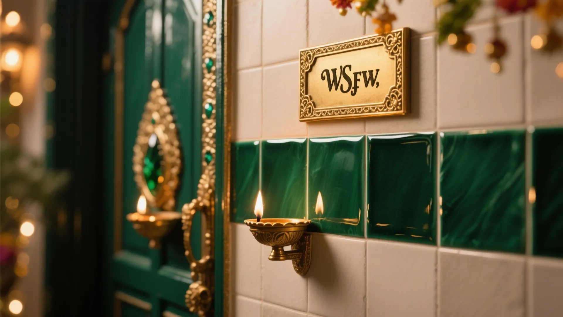 Green door with gold handle and nameplate on wall with white tiles and green tiles
