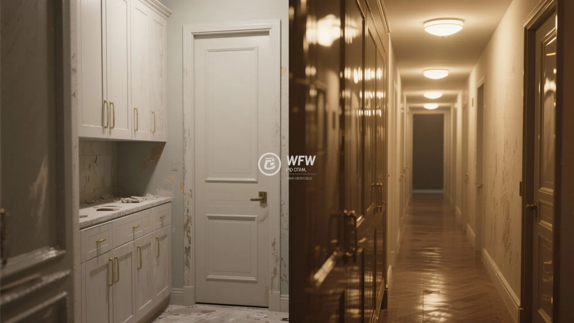 Before and after of cabinets: prepped matte surfaces and high-gloss reflective finish.