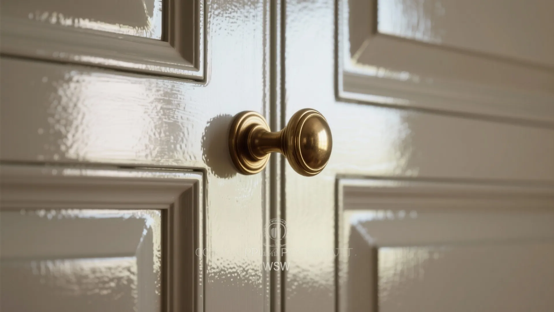 Close up of shiny white wall panel with round gold handle and reflective high gloss finish