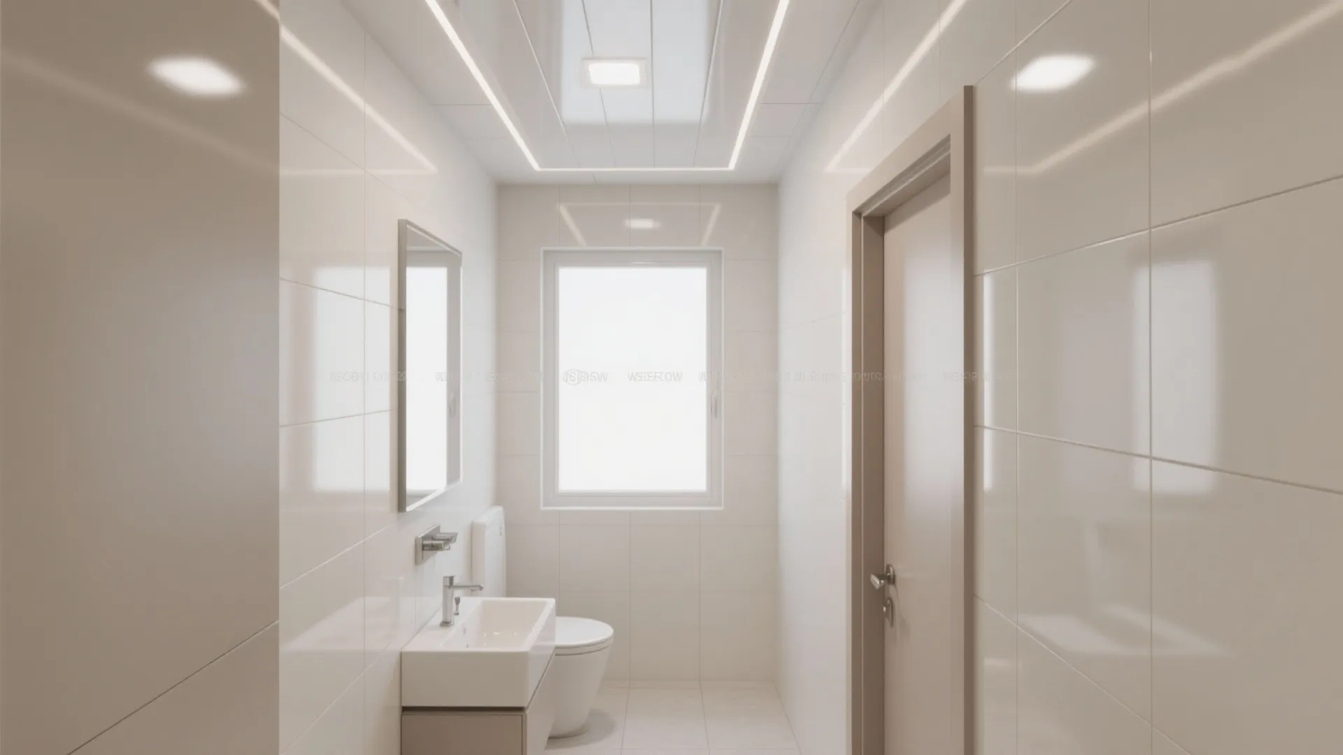 Modern white bathroom with glossy tile walls a toilet sink mirror window and ceiling lights