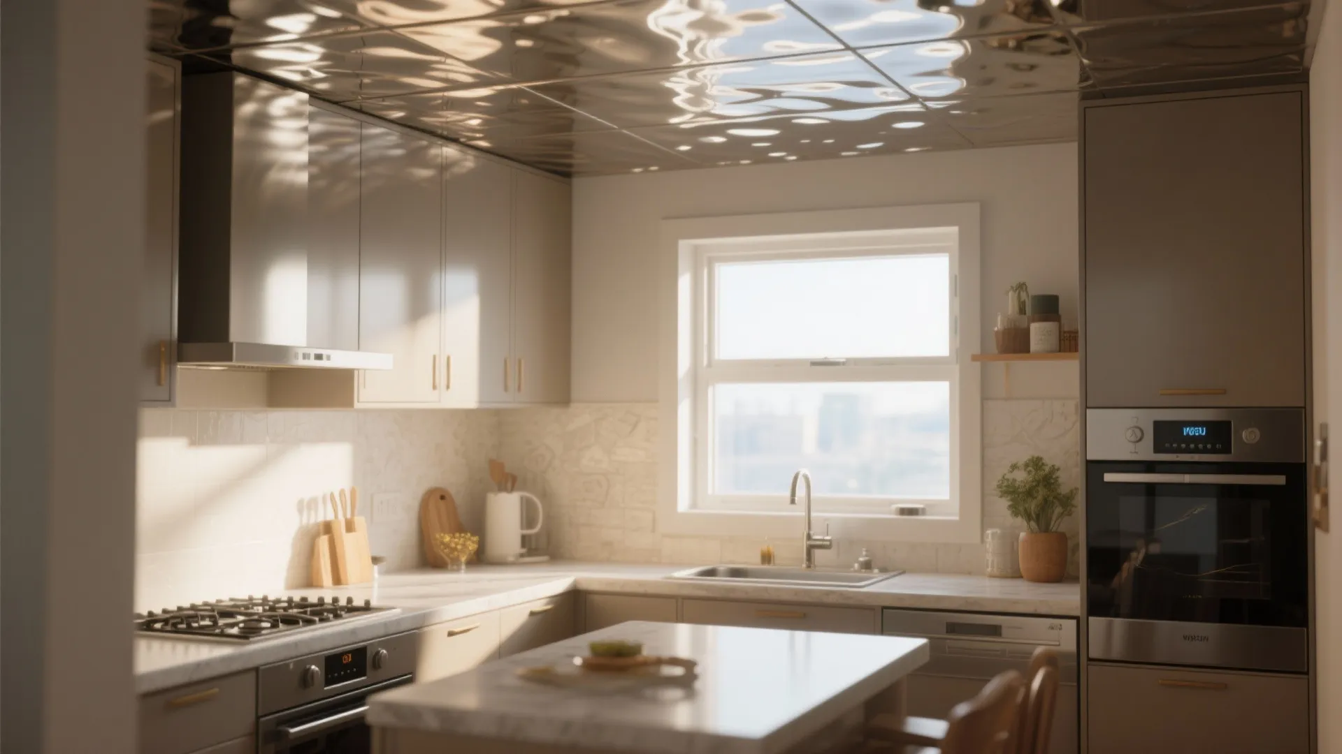 Contemporary kitchen with a shiny reflective silver ceiling marble counters grey cabinets and a large window