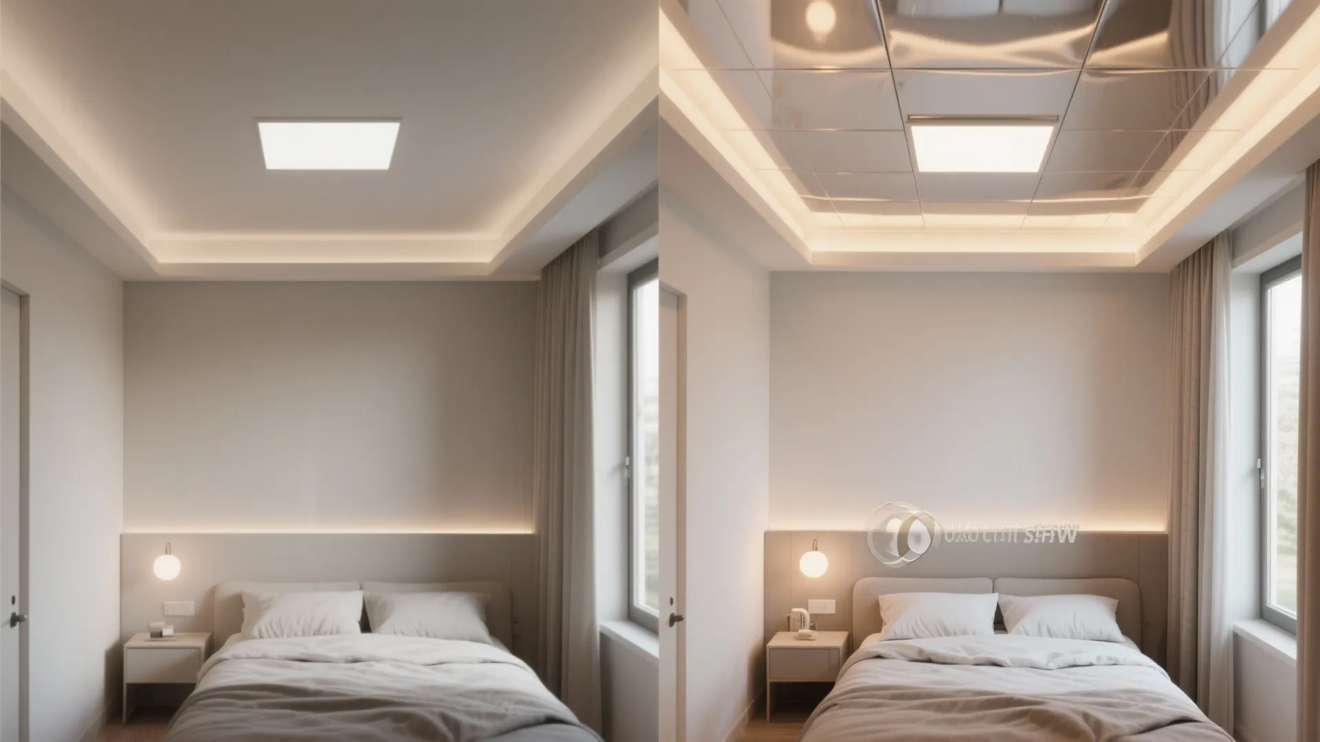 Comparison between a matte white bedroom ceiling and a shiny glossy reflective ceiling surface design