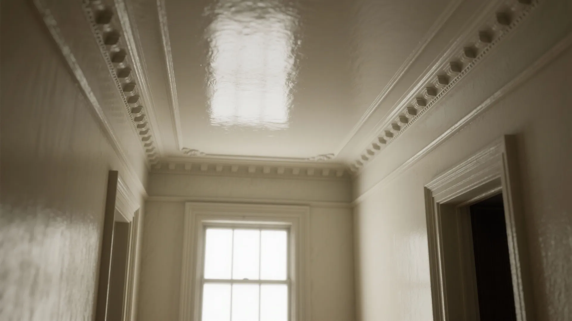 Glossy white ceiling with decorative wall panel details in a narrow hallway with natural light