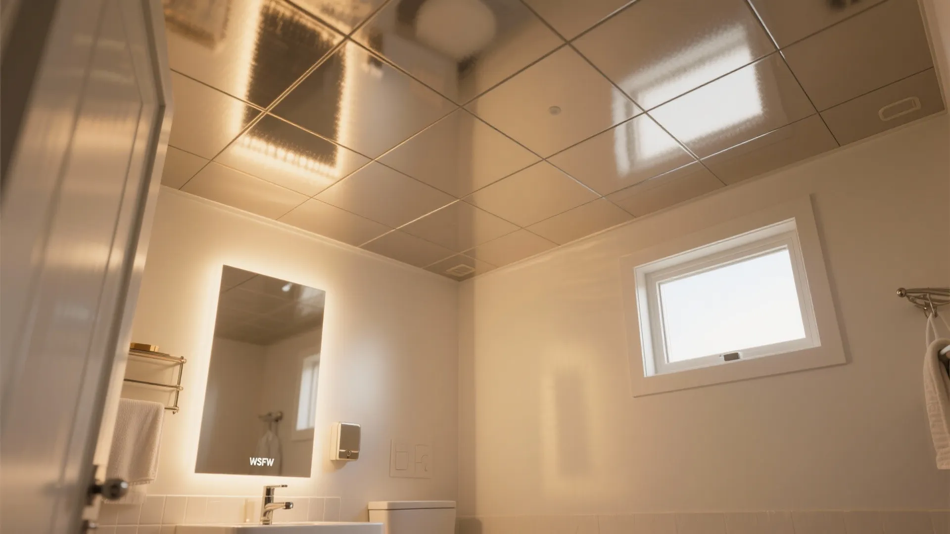 Modern bathroom with glossy silver ceiling tiles and a lighted mirror over a white sink