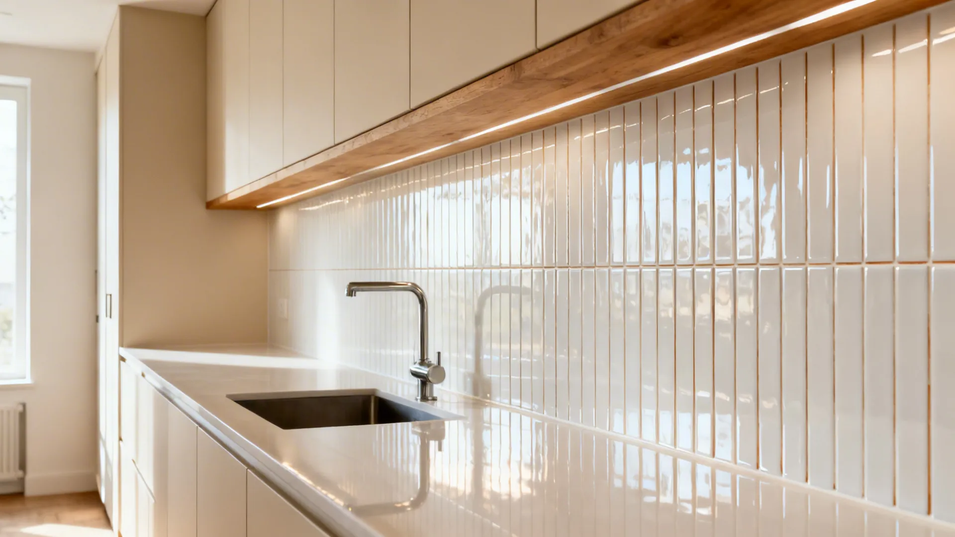 Modern kitchen featuring white glossy vertical wall tiles with a sink and under cabinet light