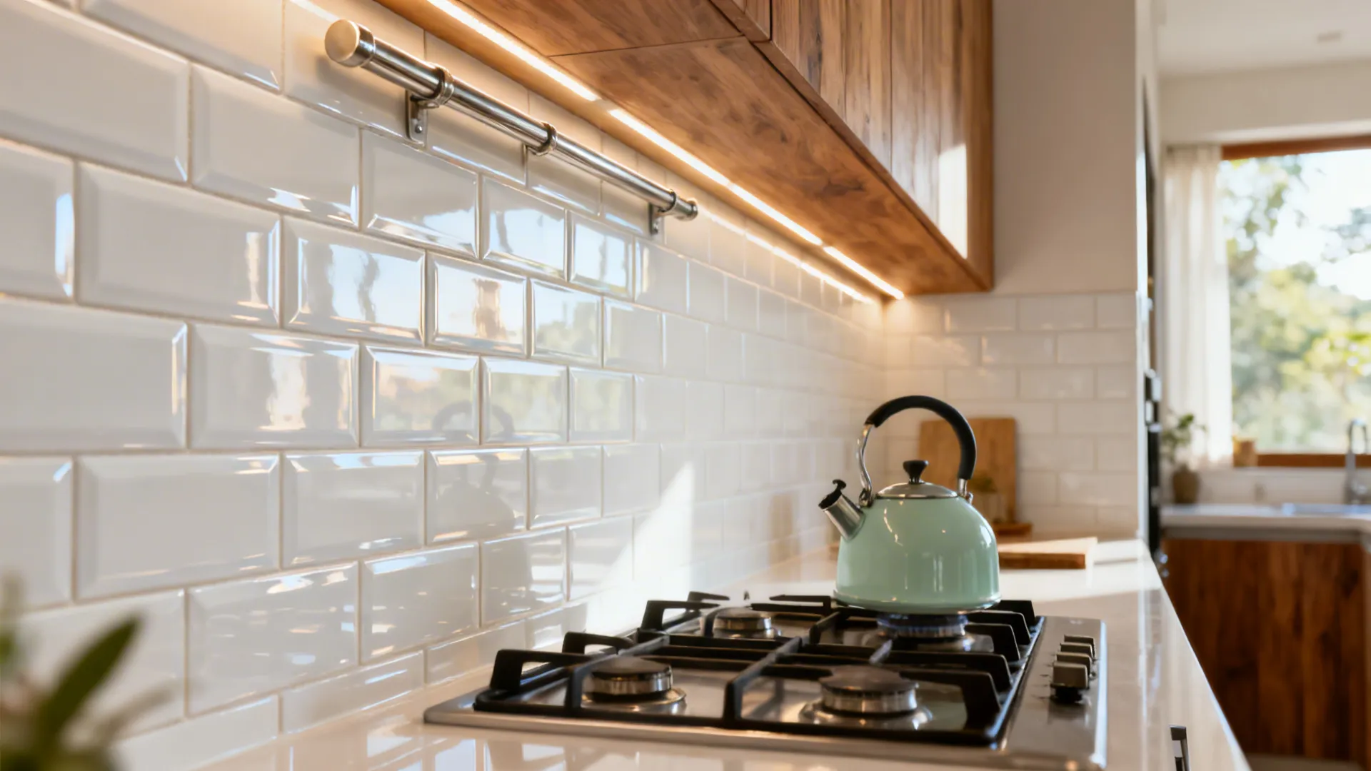 High-gloss white beveled ceramic subway tile backsplash with tight grout in a bright galley kitchen.