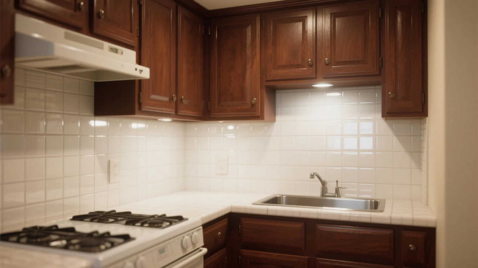 Dark wood kitchen cabinets paired with white square tile backsplash, white gas stove, and sink
