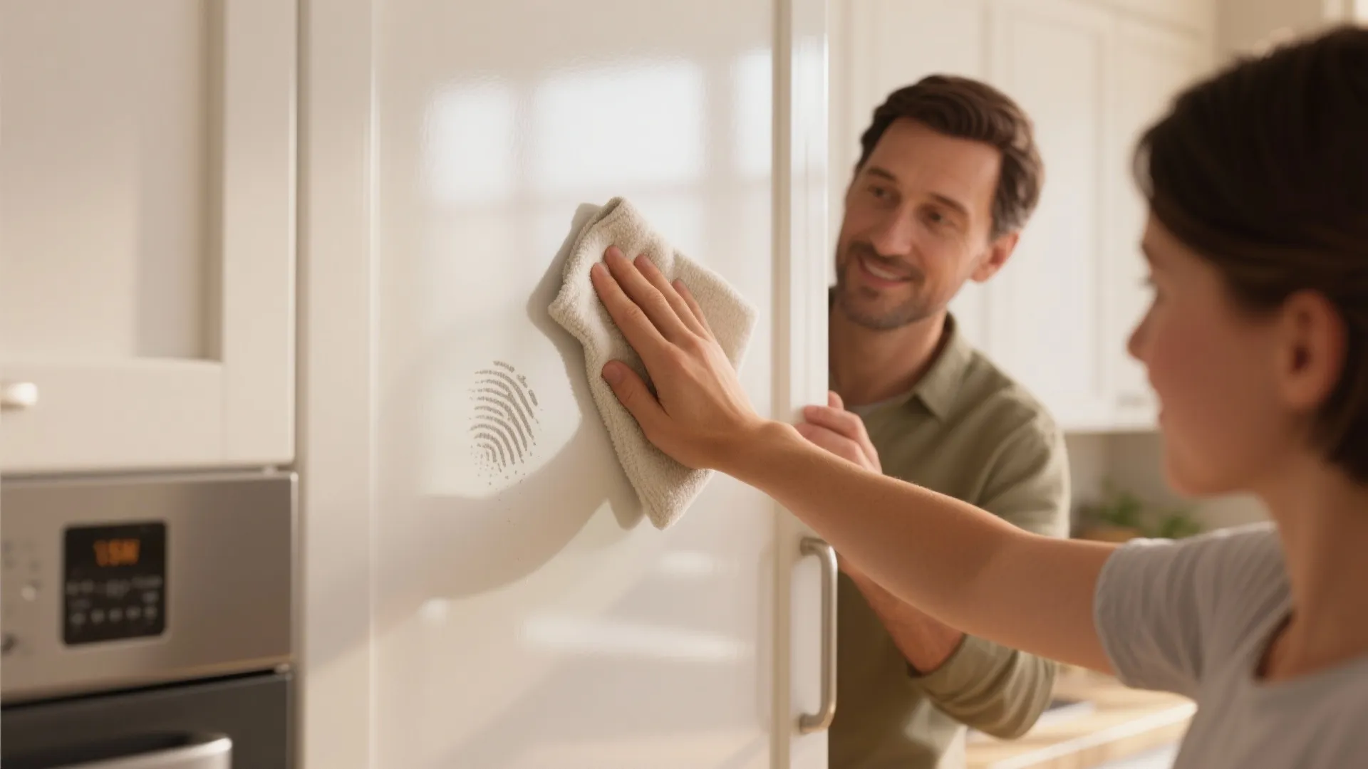 Person wiping a glossy white cabinet door showing smear-resistant finish being cleaned