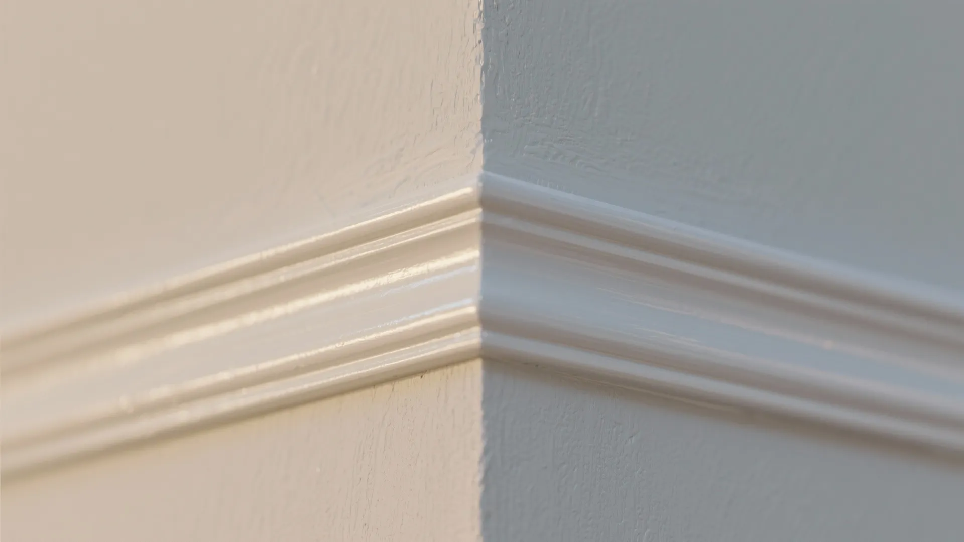 Close up view of white wall panel trim on a corner with smooth glossy paint finish