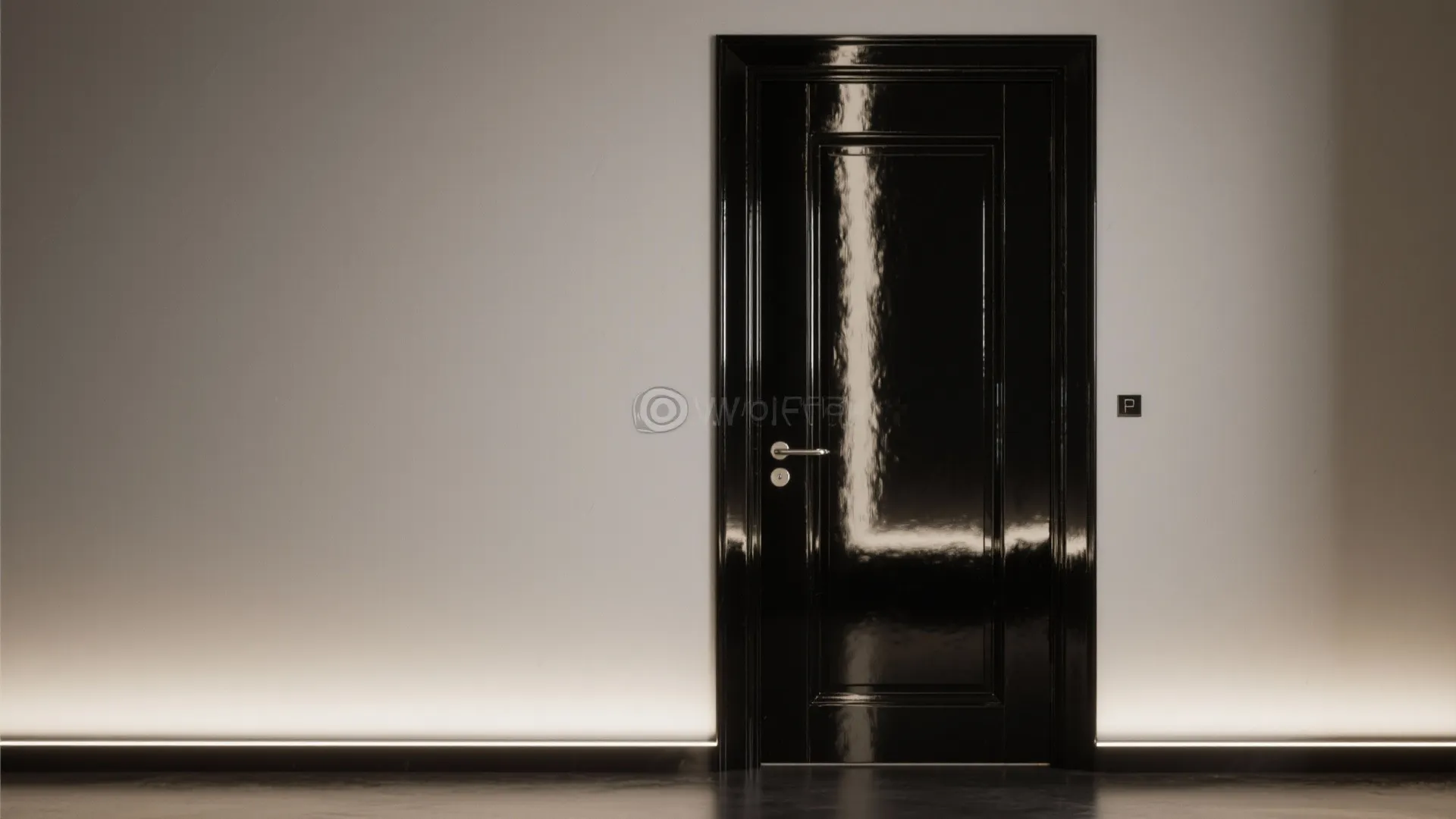 High gloss black door on white wall with bright led light strip along the floor