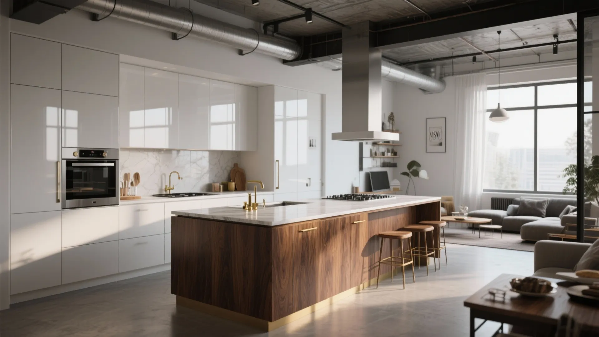Open-plan loft kitchen with glossy white wall cabinets and a walnut island creating a focal point