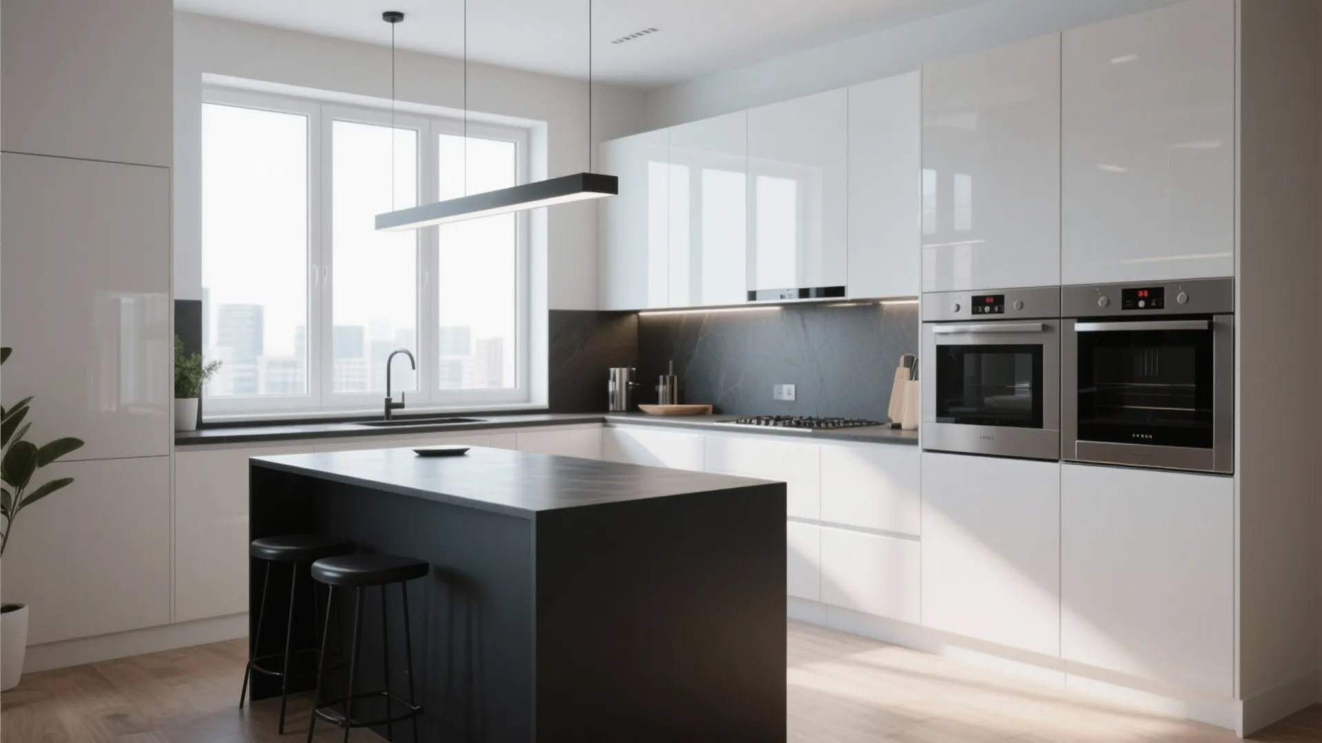 Modern kitchen with white cabinets black island two stools and a long black ceiling light