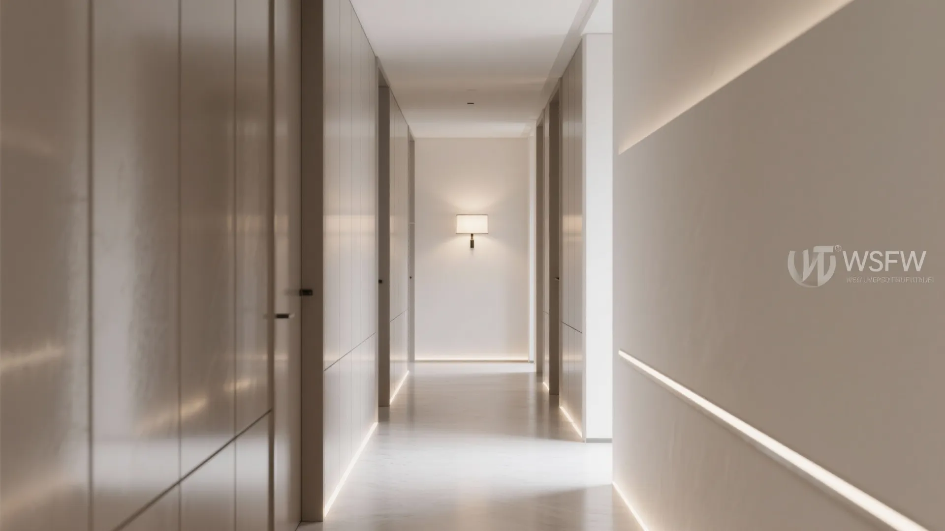 Minimalist white hallway with hidden door panels, bright floor lighting, and a square wall light