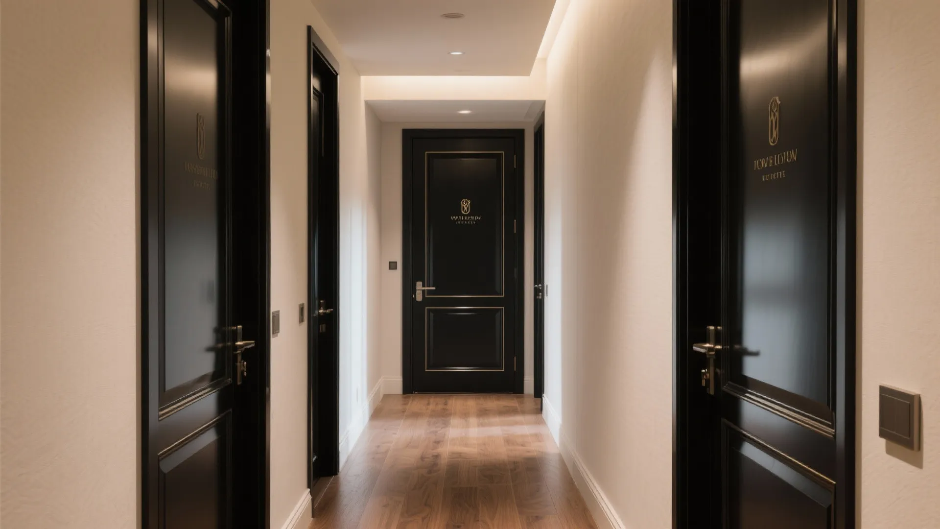 Elegant hallway with black high gloss doors white walls wood flooring and warm ceiling light recessed