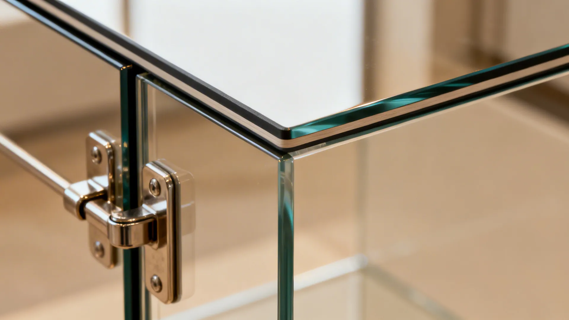 Macro of high-gloss cabinet with ABS edge banding and soft-close hinge detail.