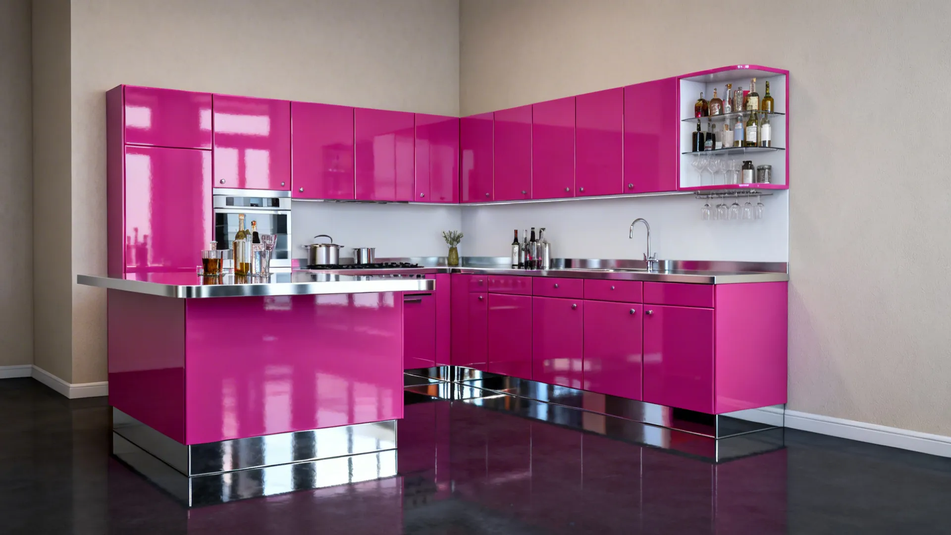 High-gloss fuchsia cabinets with stainless countertops and mirrored kickboards in a studio kitchen.