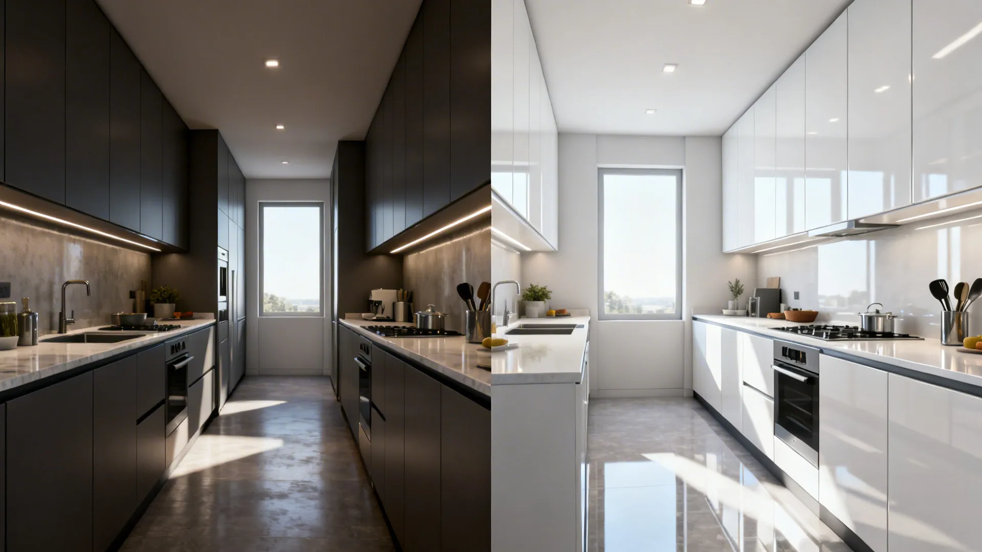 Before-and-after of a galley kitchen showing brighter space with high-gloss uppers added.