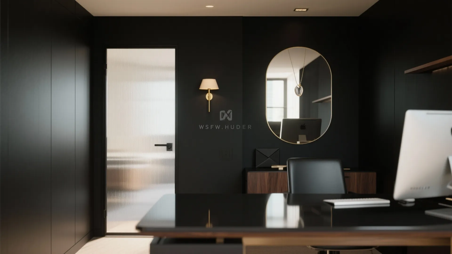 Small black office with semi-gloss desktop, smoked mirror accent, fluted glass door, and a mirrored sconce.