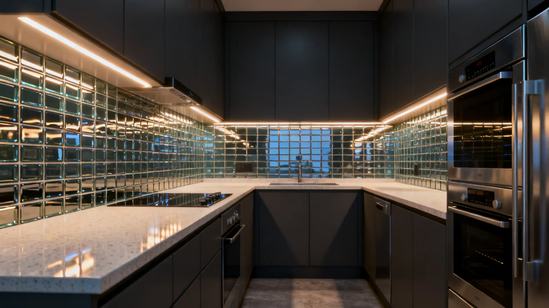 Glossy glass-look tile backsplash reflecting under-cabinet lighting in a galley kitchen.