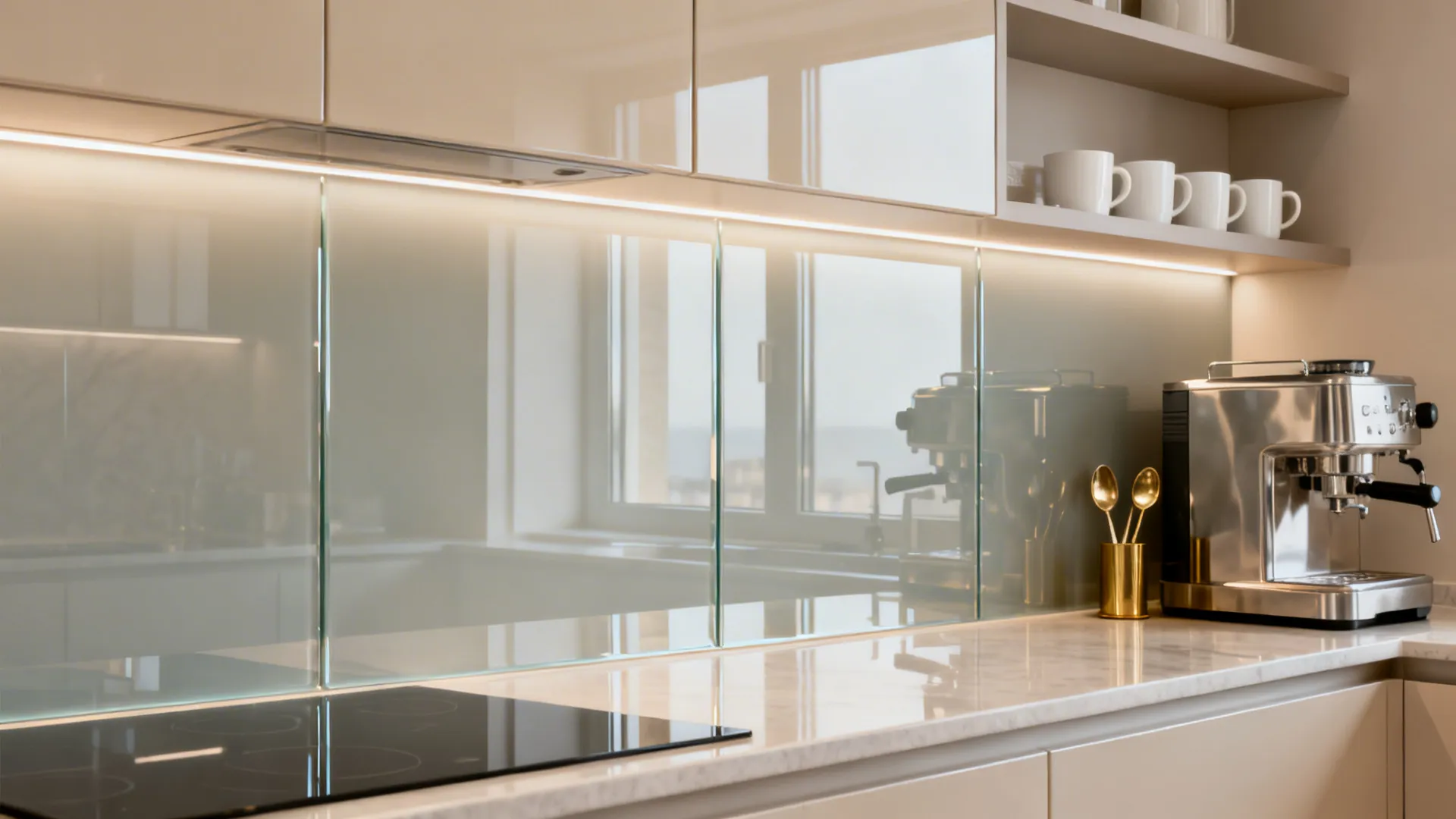 Glossy glass-effect 3D wallpaper reflects light behind a compact coffee station.