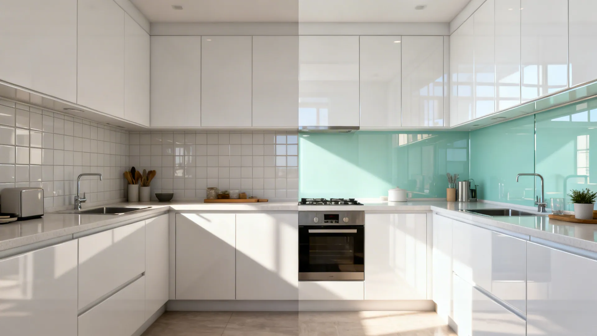 Split view comparing matte tile vs. glossy white with mint glass backsplash in the same kitchen.