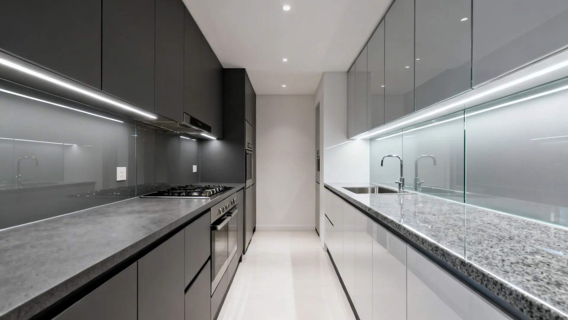 Before-and-after galley kitchen showing matte versus polished granite and glass backsplash.