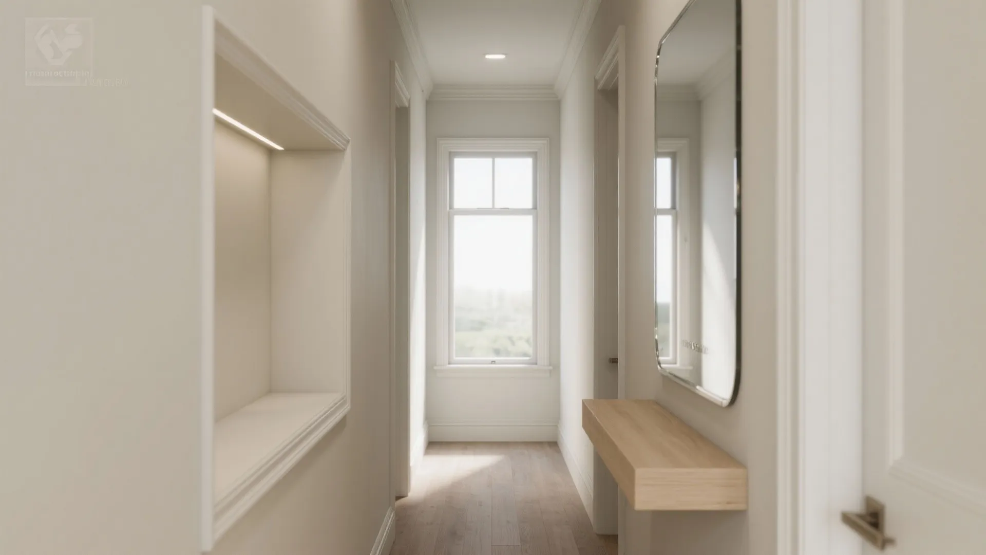 Bright white hallway with wooden floor a small floating wooden shelf and a large mirror