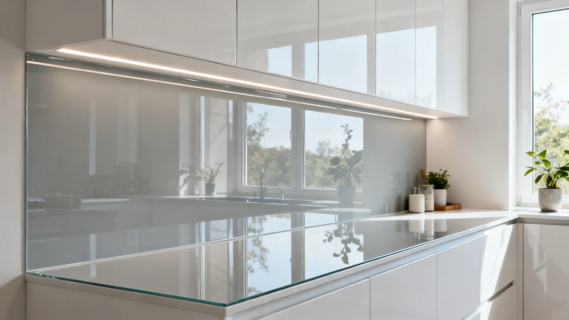 Faux glass backsplashes for a brighter, airy strip