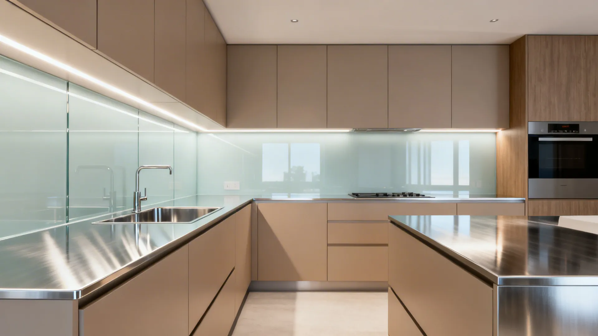 Modern beige kitchen with stainless steel countertops glass backsplash sink stove and built in oven