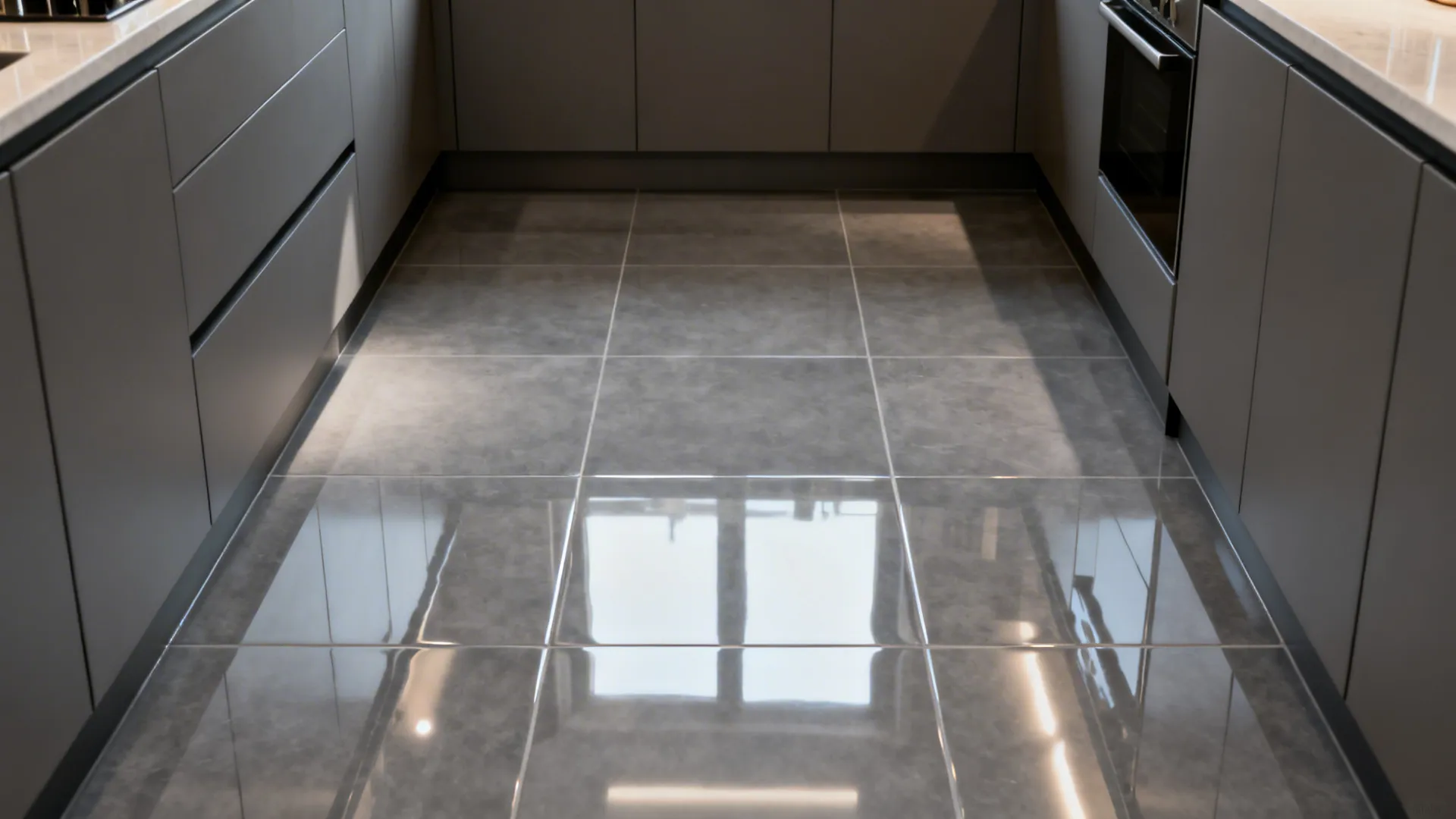 Compact kitchenette with high-gloss grey floor tiles reflecting ambient light against matte cabinetry.