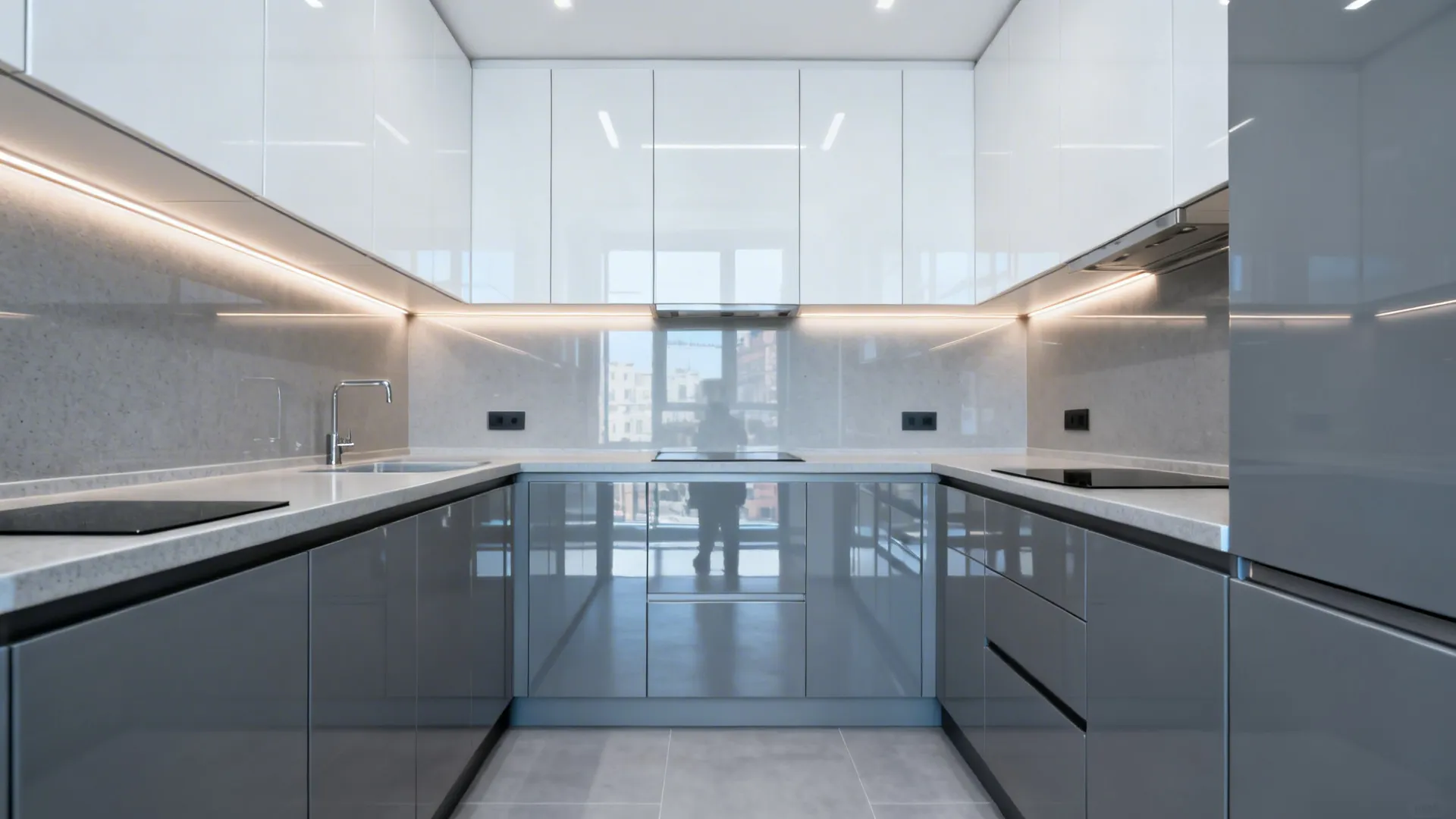 Idea 1: Minimal Grey & White Cabinetry with High-Gloss Sunmica