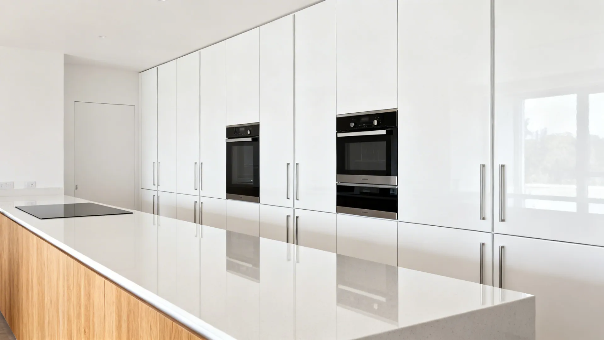 Handleless white gloss cabinets with J-pull grooves in a small galley kitchen.