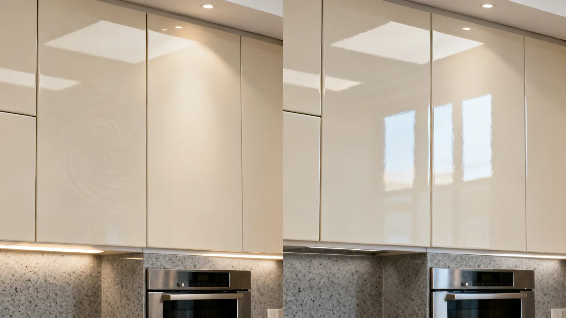 Side by side comparison of glossy kitchen cabinet doors showing scratched surface versus shiny finish