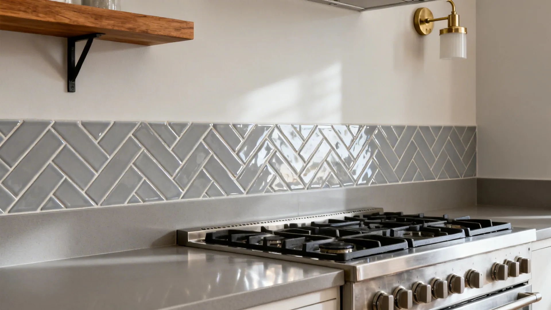 High-gloss soft gray herringbone accent band behind a kitchen range with matte surroundings.