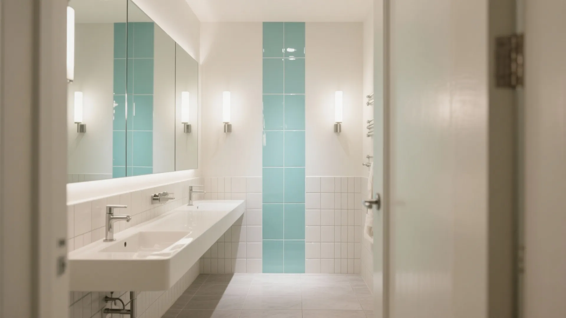 Modern bathroom with white sinks large mirrors blue wall tiles and two bright white lights