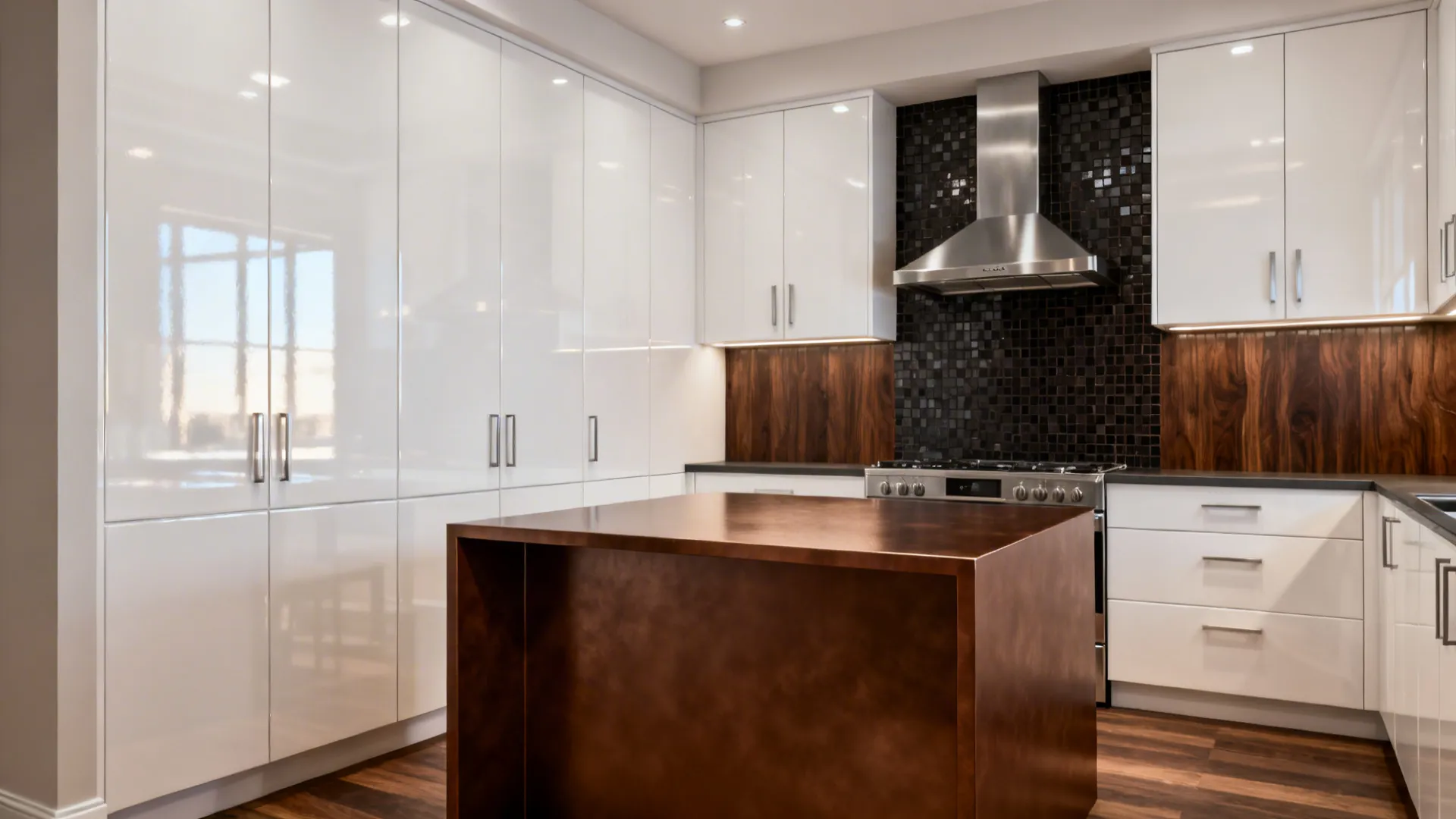 Glossy White Doors + Cocoa-Brown Island + Dark Mosaic Feature