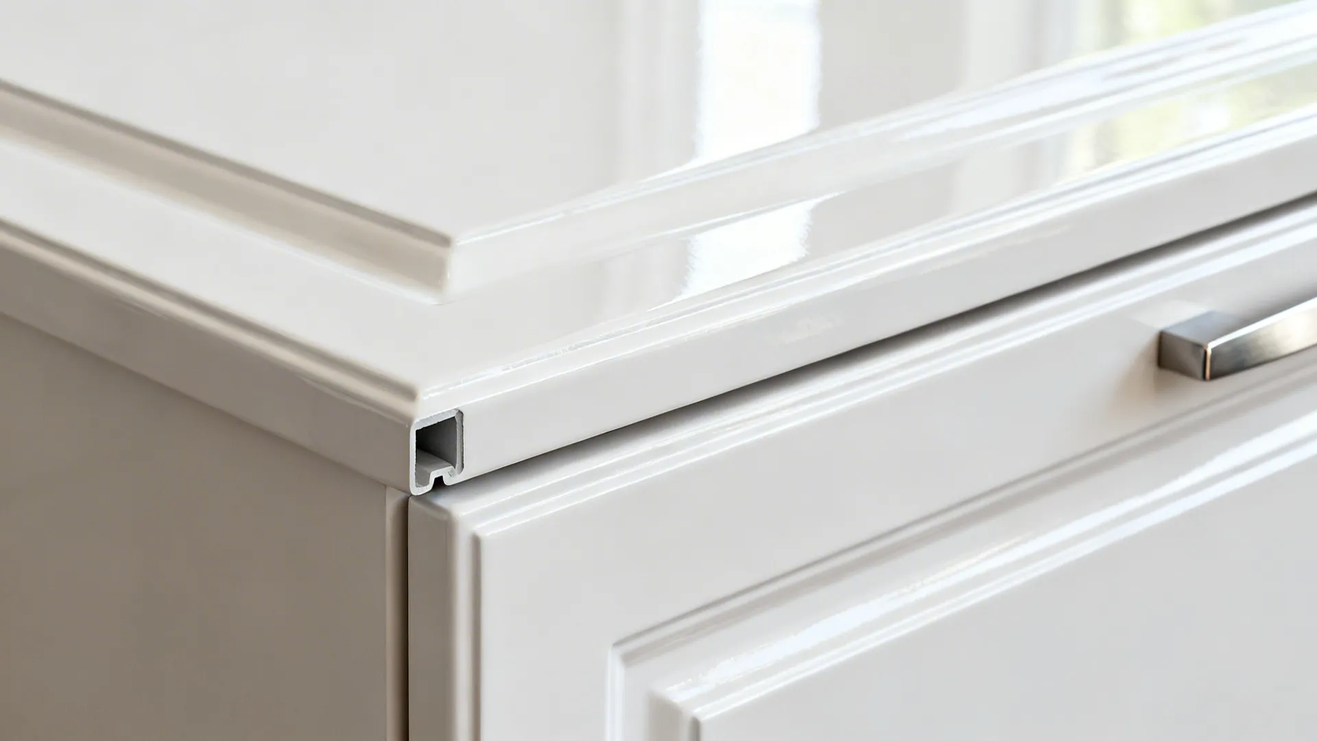 Macro of high gloss white door with integrated J-channel pull and crisp alignment.