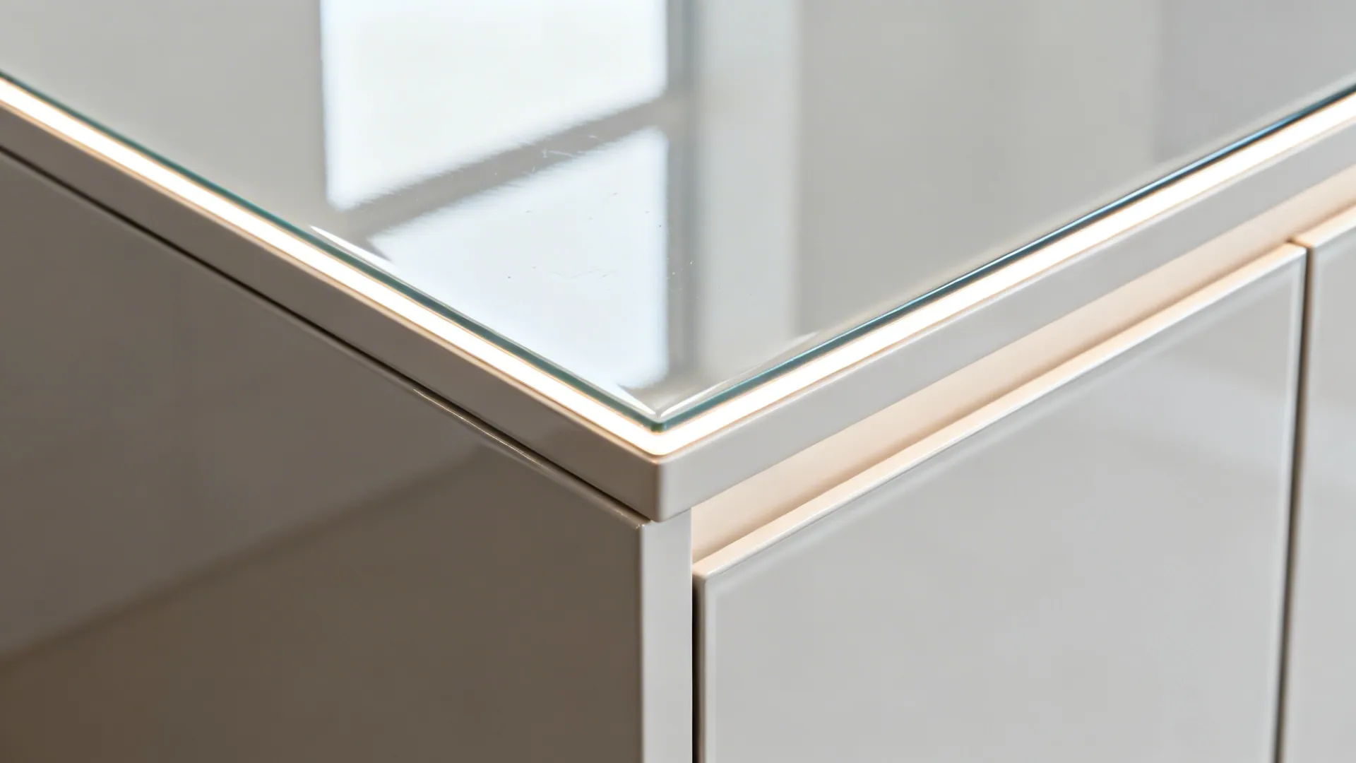 Macro shot of high-gloss sunmica door reflecting light with clean edge banding.