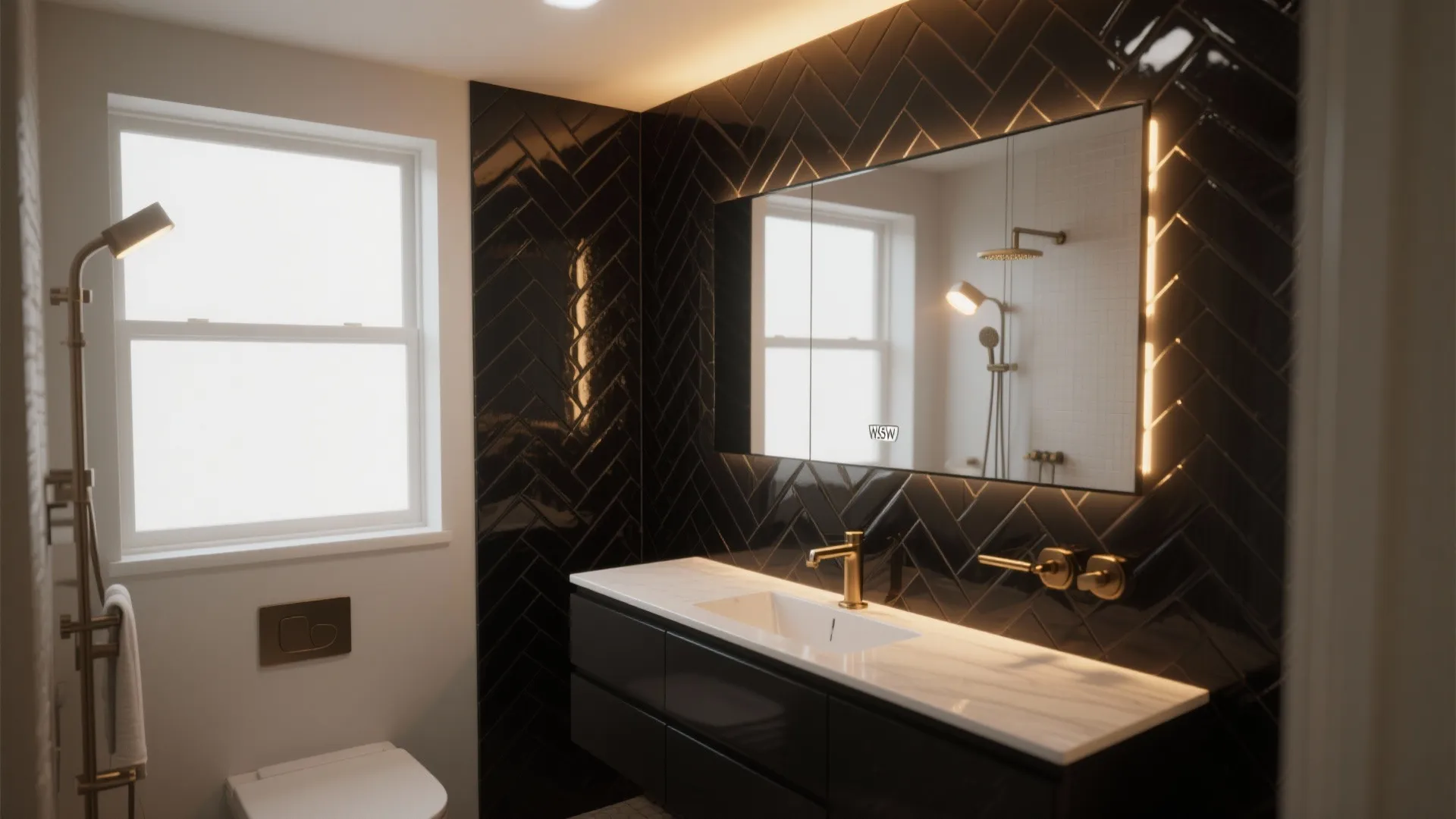 Modern bathroom with black wall tiles gold faucets mirror vanity cabinet white sink and bright window