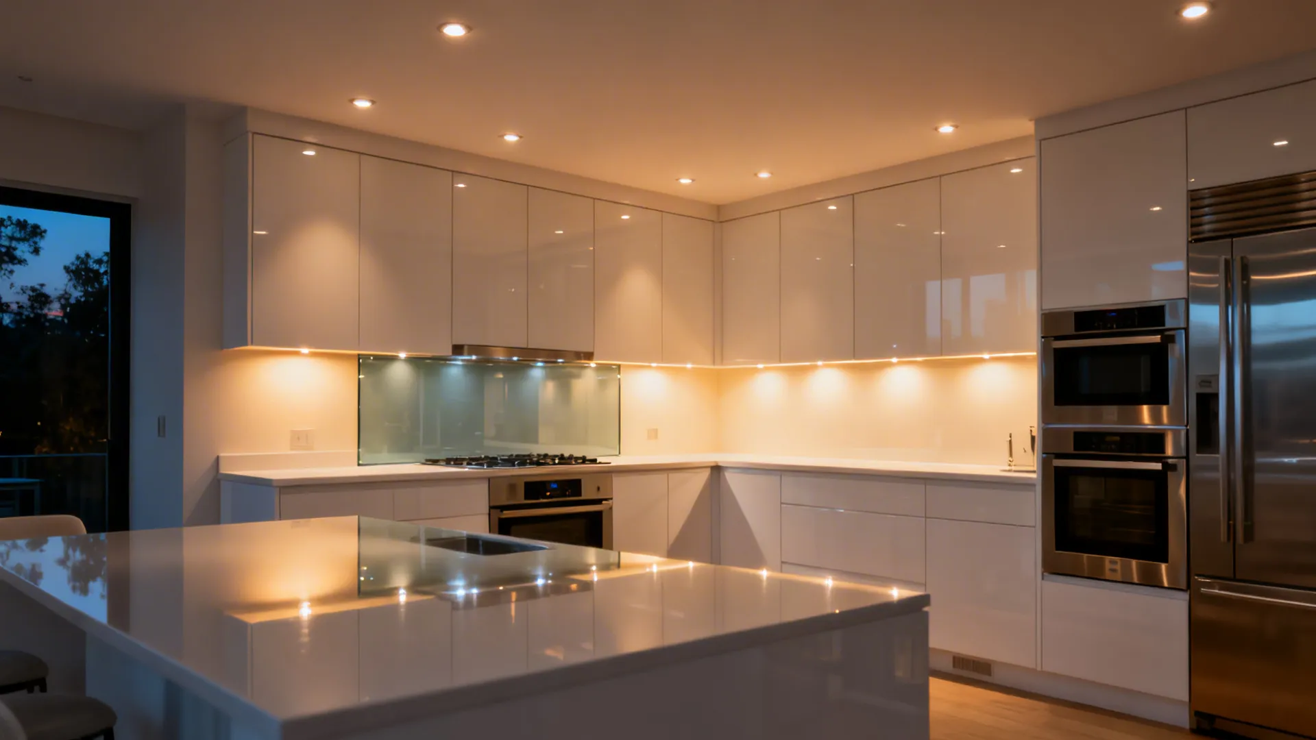Evening scene of a white gloss kitchen with warm layered lighting and glass backsplash.