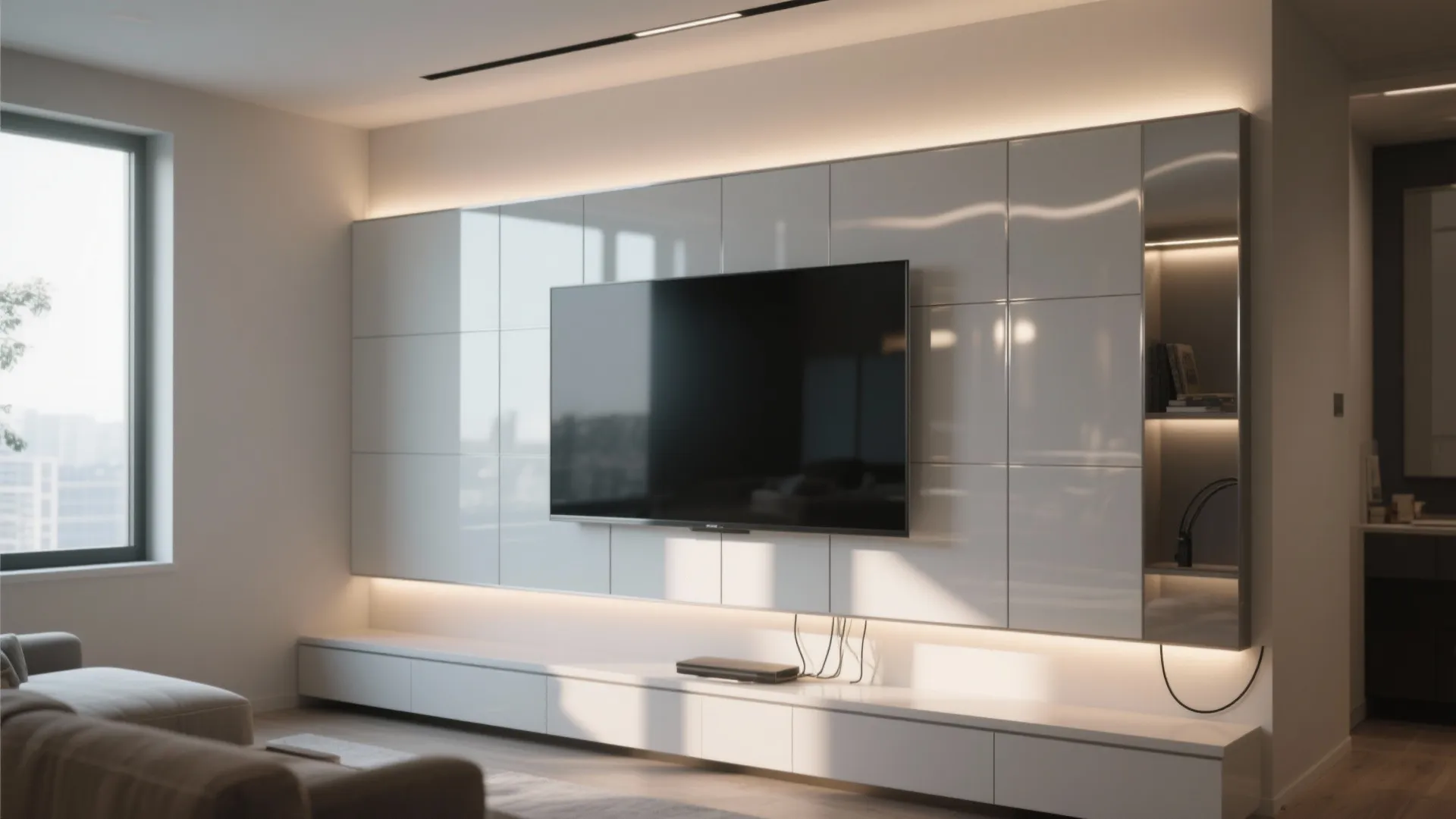 Modern living room with wall mounted television on glossy white cabinet panels and warm lighting