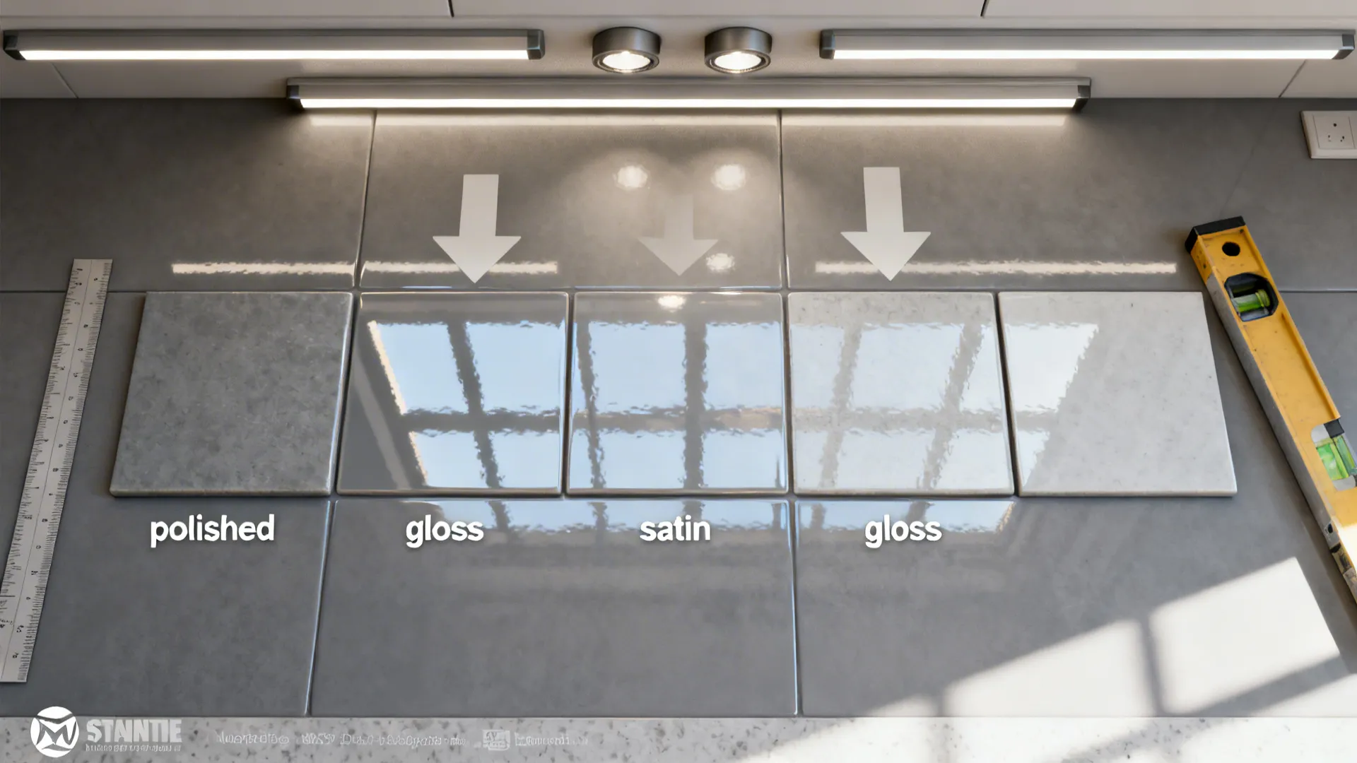 Top-down view showing LED placement and gloss level differences on grey tiles.