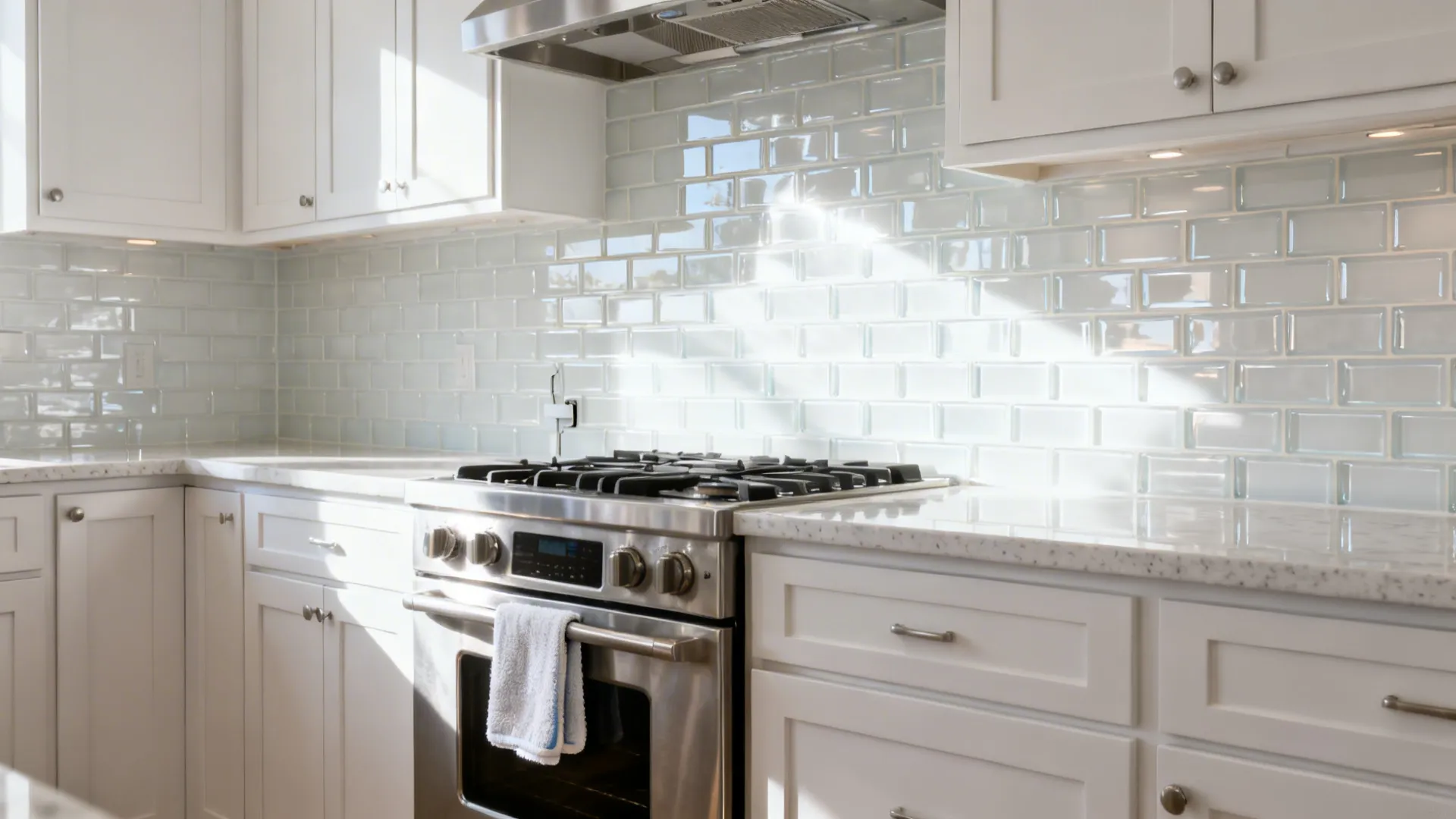 High-gloss white glass subway tile backsplash with light grout brightens a narrow galley kitchen.