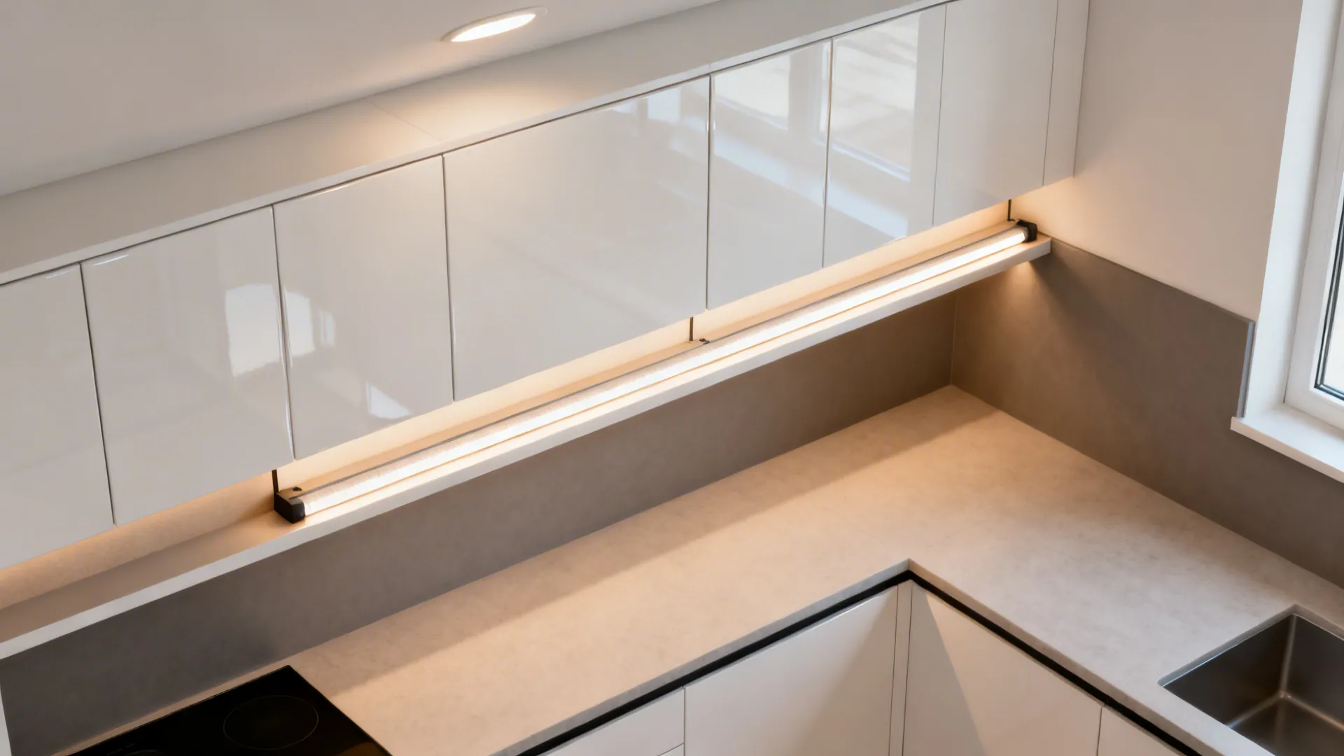 Top-down view showing continuous diffused LED strips minimizing glare on glossy cabinets.