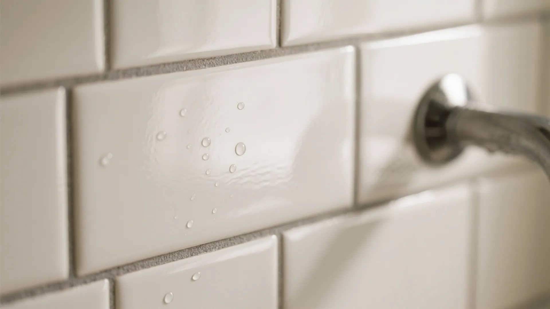 Close up of glossy white wall tiles with water droplets near a silver shower head