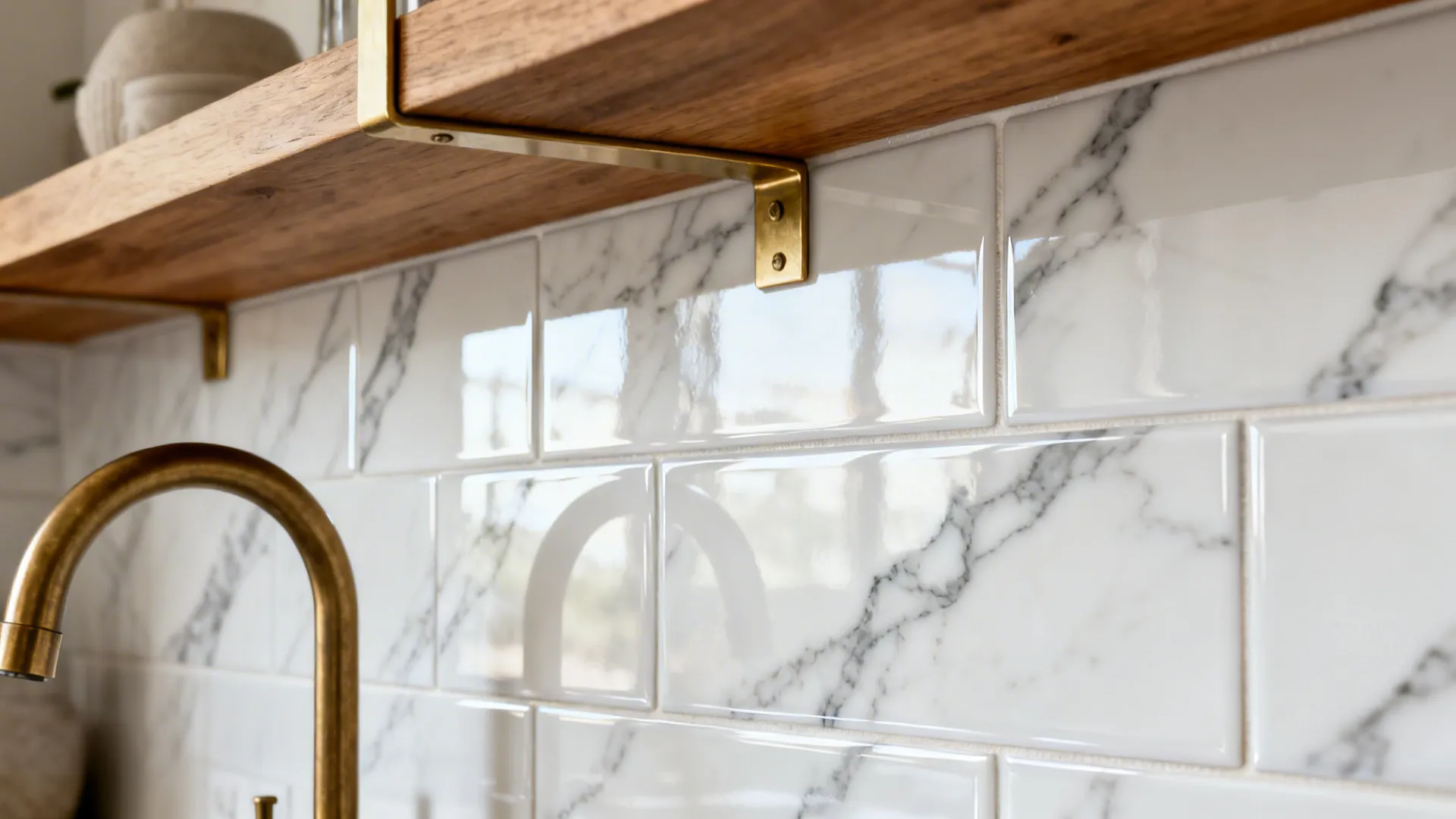 Macro of glossy Calacatta-look porcelain with gray veining and tight joints beneath oak shelves.