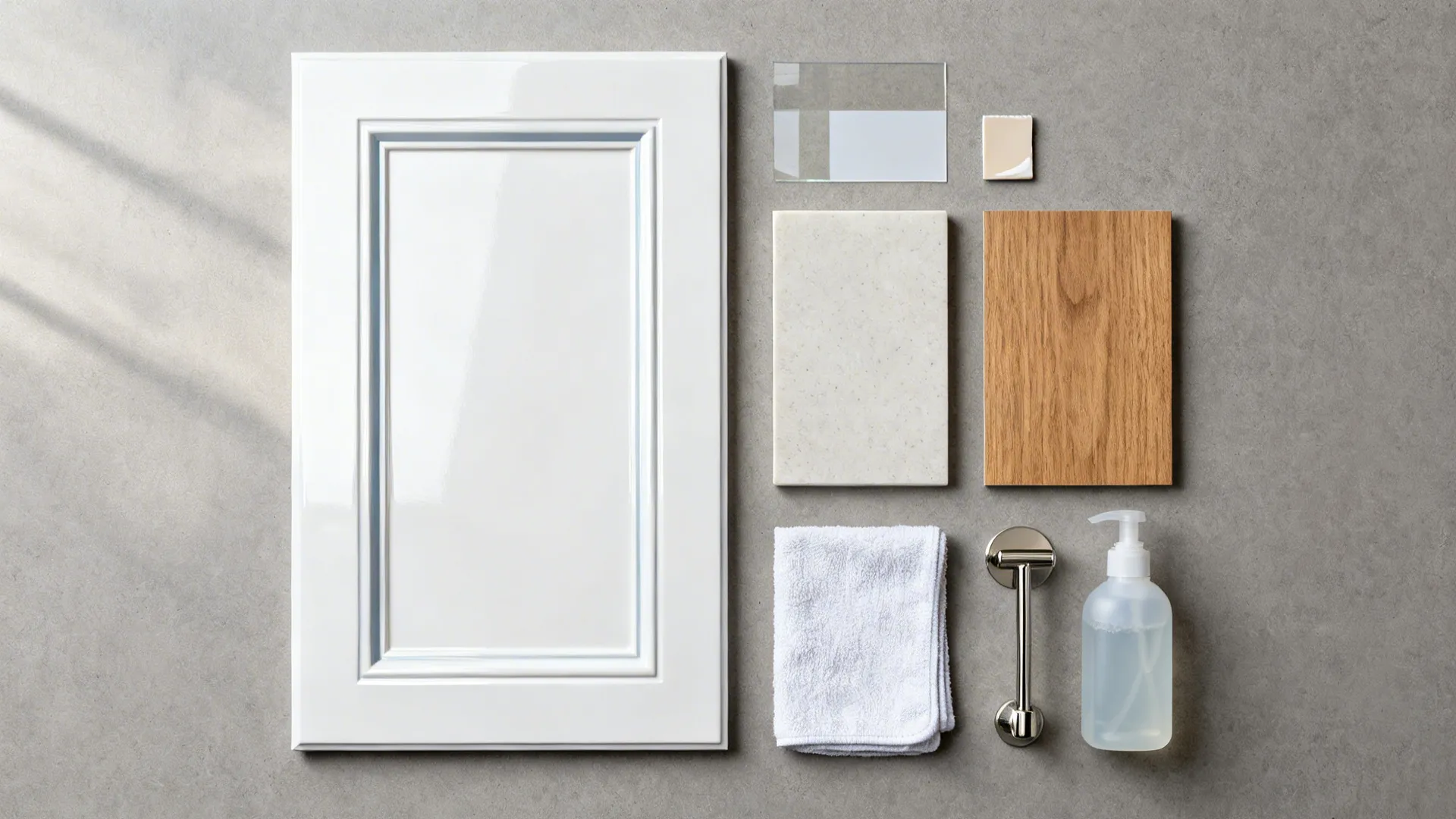 Flat lay of glossy white door samples, wood laminate, quartz, and cleaning tools.
